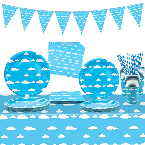 Cielo blu, nuvole bianche, decorazioni, accessori per feste di compleanno per bambini, baby shower, incluso striscione, tovaglia, piatti, tazze, tovaglioli per 20 ospiti (1-A)