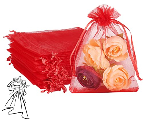 Organzasäckchen 10X15cm, 100 Stücke Rot Organza Säckchen, Schmuckbeutel Klein, Kleine Beutel mit Zugband für Schmuck Make-up Süßigkeiten Baby Shower Hochzeit Party Weihnachtsfest Valentinstag Jubiläen