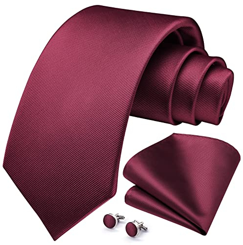HISDERN Herren Hochzeit Burgund Krawatten und Einstecktuch Solide Krawatte Manschettenknöpfe Set