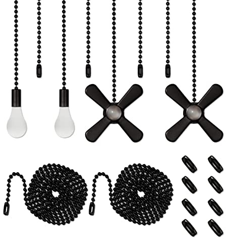 ELFCAB Ceiling Fan Pull Chain Set 4pcs 3mm Diameter Beaded Ball 12 inches Pendant Decorative 2Pcs 36 inches Extension, Extra 8Pcs Pull Loop Connectors(Matte Black)