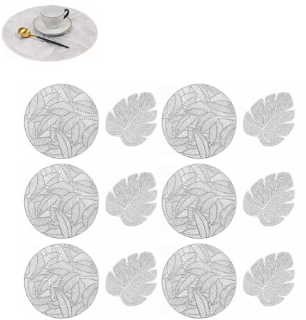 Gold Tischsets Set von 12, Gold Tischmatten Runde Hohl Out Matten Blatt geformte Tischmatten Küche Tischmatten Runde Tischsets Platzmatten Tischsets Tischsets für Home Dinner(Silber)