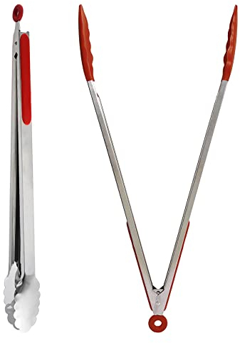 UPTALY 45 cm extra lange Grillzange (2 Stück rot), mit Silikonköpfen, Edelstahl-Grillzange mit langem Griff, große Lebensmittelzange, dicke Steakzange, verlängerte Servierzange