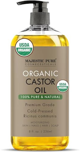 MAJESTIC PURE USDA Organic Castor Oil | Hexane Free & 100% Pure | Cold Pressed | Stimulate Growth for Hair, Eyelashes, Eyebrows, Nails | Moisturizing & Nourishing | Body, Hair & Carrier Oil | 8oz