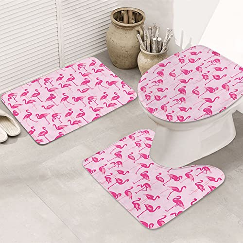 rutschfeste 3 Badteppich Set Elegante Flamingos Auf Rosa Bedruckt Badgarnitur Badematten Weiche Anti-Rutsch Badematte 3-TLG, Für Dusche, Badewanne