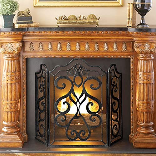 Luxuriöser Kaminschutz im Scroll-Design für Kohlefeuerung/Öfen/Grills, 3-Fach freistehender Funkenschutz, pulverbeschichtetes Eisen, Schwarze Oberfläche Decoration