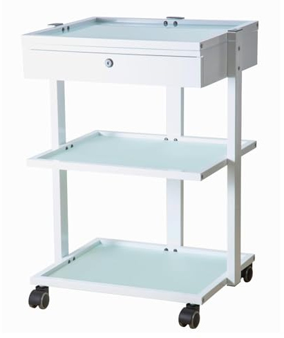 BEAUTEK Beistellwagen 1 D SF weiß - Stilvoller Organizer für Kosmetikstudios, mit abschließbarer Schublade, Glasablagen & Rollen, 55x44x80cm