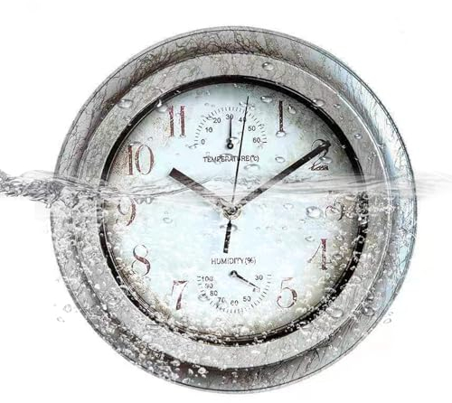kyaoayo Outdoor Waterproof Wall Clock without Ticking, Creative Round Clocks with Hands, Retro Wall Clocks for Building, Decoration for Patio, Pool, Garden, Home, 30 cm (Grey)