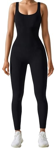 AURUZA Workout Jumpsuits for Women, Seamless Ribbed Yoga Unitard with Tummy Control, Square Neck Sleeveless Slim Fit Exercise Romper, High Stretch, No Built-In Bra Pads