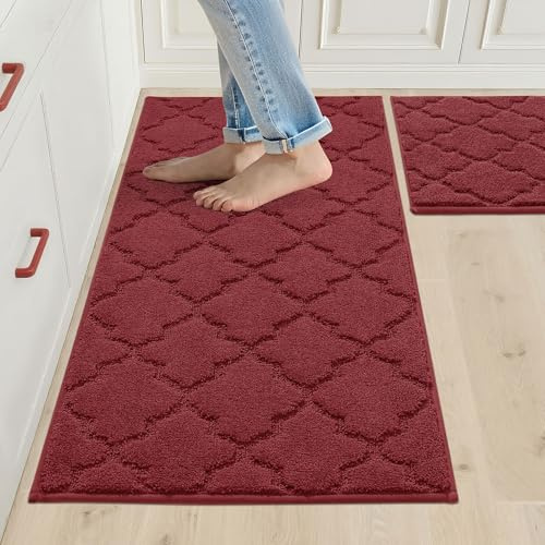 COSY HOMEER Küchenteppich 2 Stück, 50 x 75 cm + 50 x 120 cm, Weinrot | Rutschfest und waschbar, saugfähiges Polyestergewebe, weich unter den Füßen, für Küche und Flur