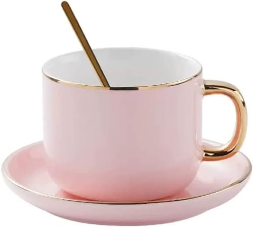 SuperglockT Goldrand Keramiktasse mit Untertasse und Löffel Moderne Espressotasse mit Goldem Henkel Porzellanbecher Teetasse für Café,Zuhause,Restaurant,Büro (Rosa)