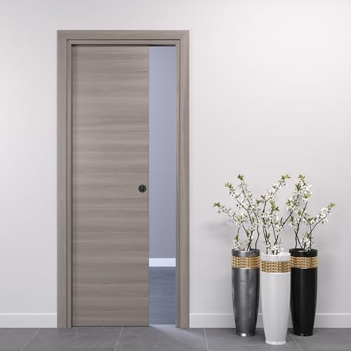 PORTE ITALIANE porta interna porta scorrevole porta a scomparsa porte interne moderne HIGH DENSITY telai legno resistenti all'acqua WATERPROOF varie misure 80x210 serratura cromo Olmo Grigio