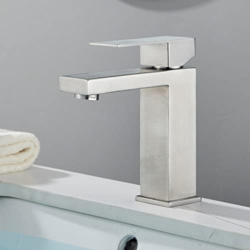 Badarmaturen Edelstahl-Waschtischarmatur Hohe und Kurze Deckmontierte Waschbeckenmischbatterie Und Kaltes Wasser, Gebürstetes Nickel Kurz