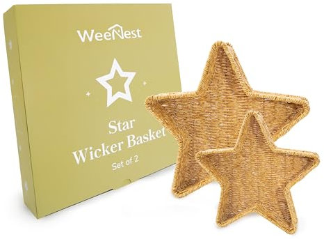 WeeNest Stern Weidenkorb, Rattankorb, Dekokorb, Sternteller, gewebter Korb für Geschenke, Weihnachtssterne, Weihnachts-Serviergeschirr und Platten, Hafermilch, Harzgeflecht 2er Set