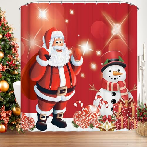 Famibay Christmas Shower Curtain 180x180cm Santa Claus Snowman Bathroom Curtain with 12 Hooks Weighted Shower Curtain Waterproof Polyester Bath Curtains for Bathroom Wet Room Tub