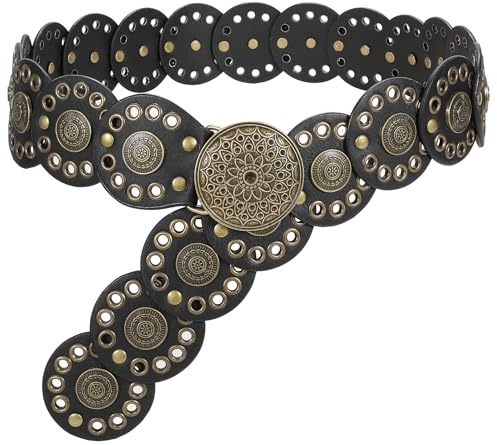 JasGood Breite Scheibengürtel für Damen Leder Aushöhlen Runde Gürtel Western Cowgirl Gürtel Damen Concho Vintage Boho Disc Ledergürtel Verstellbare Taillengürtel für Kleider