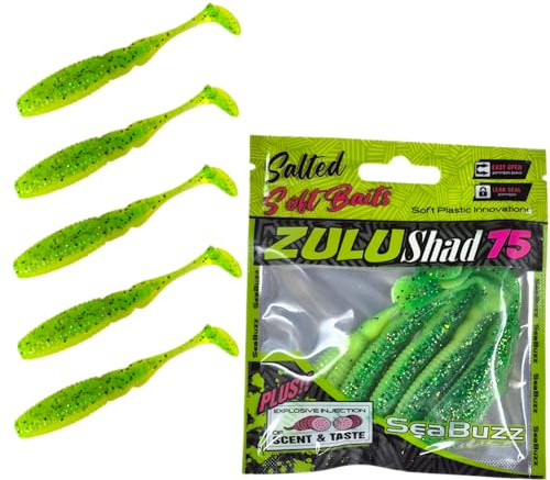 SEABUZZ Gummifische Angelköder Set Zulu Shad 5Stk x 75mm - Barsch Zander | Hecht Gummiköder - Forelle & Wels Kunstköder - Raubfisch Angelnset - Süß- & Salzwasser