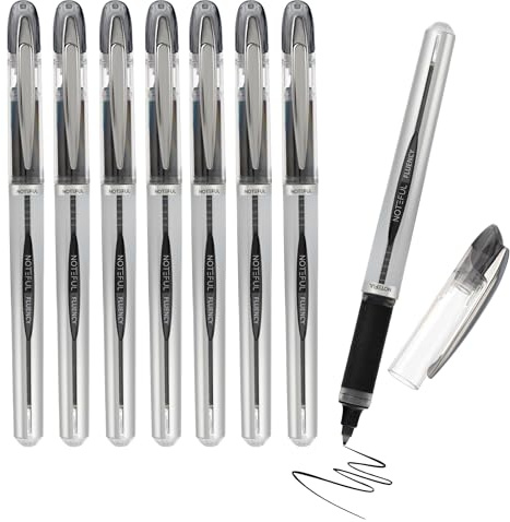 NOTEFUL Fluency Liquid Ink Pens, 0.7mm Medium Tip Rollerball Pens, Refillable Waterproof Ink, Smooth Quick-Dry Writing Pens for Office, School & Journaling, Black, Pack of 8