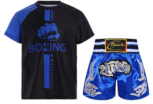 Oyolan Bambino Ragazzo Short da Boxe e T-Shirt Completo da Boxe Muay Thai MMA Kick Boxing Tenuta, A blu., 5-6 Anni