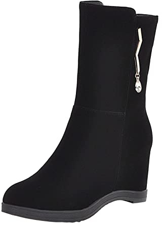 Générique Chaussures Femmes Montantes Botte Mesdames Mode Solide Solor Métal Décoratif Côté Fermeture Éclair Talon Compensé Semelle Épaisse Bottes Botte Lacet Femme Bottines Fourrées (Black, 37)