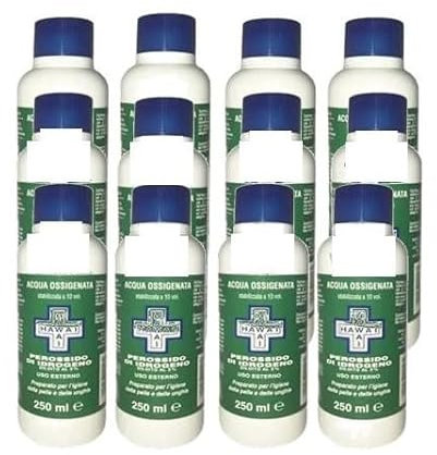 Acqua Ossigenata disinfettante F.U. 3% 10 Volumi con tappo di sicurezza per bambini flacone da 250 ml (Confezione da 12 pezzi), Made in Italy