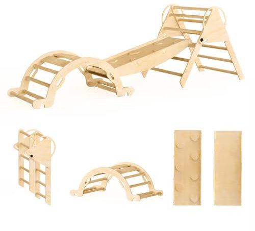 GT GETCO TECH 7-in-1klettergerüst Indoor,Kletterdreieck mit Rutsche und Kletterbogen Set, Stabilem Baby-kletterdreieck,Indoor Spielplatz（logs）