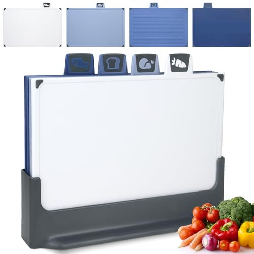 IAGORYUE Index Chopping Board Set, 4-Piece Colour Coded Thick Plastic Chopping Boards with Storage Stand,BPA Free Kitchen Cutting Boards with Non Slip Feet & Juice Groove for Meat Vegetable Bread Fish