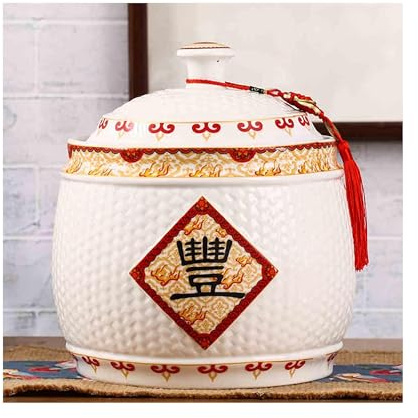 Recipiente de arroz de cerámica de gran capacidad con sello hermético para cereales, aperitivos y café, olla arrocera china para almacenamiento y dispensación, diseño de Feng rojo (21 x 24 cm)