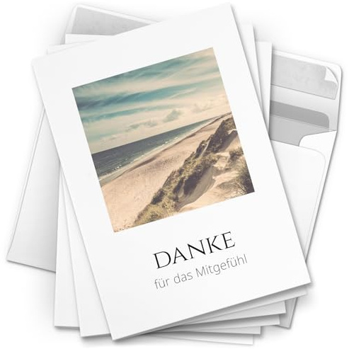 Danksagungskarten Trauer – 10 Klappkarten mit Umschlägen – Motiv: Fenster zum Strand – Trauerkarten Danksagung mit Text – Dankeskarten Trauer nach Beerdigung