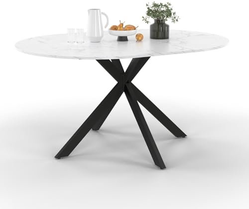 IDMarket Esstisch, ausziehbar, rund, Alix, 4-8 Personen, Spinnenfuß, Metall, Schwarz, Platte mit Marmor-Effekt, Alaska, 110 – 150 cm