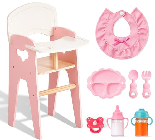 Giant bean Doll High Chair - Seggiolone in legno 2 in 1 con sgabello, con 6 accessori per bambole