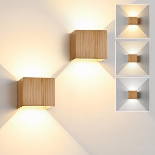 CongShine LED Wandleuchte Innen Holz Wandlampe, Dimmbar Wandleuchte Holz Vintage 6W LED Wand 3000K/4000K/6000K Weiß Up Down Flurlampe Einstellbar Abstrahlwinkel Holzlampe für Wohnzimmer Flur, 2PCS
