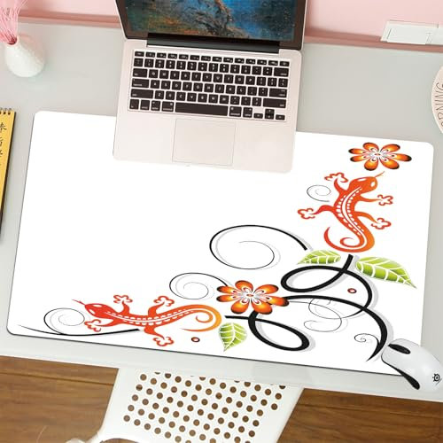 MESHIZIY Gaming Mouse Pad, ratón de Pad 75 x 40 cm,Tribal, Flores pequeñas y Hojas de Lagarto con líneas orientales, Gris y Blanco,sin Distancia y Mouse Impermeable, para computadora