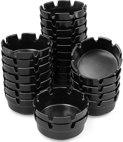 24er Set Aschenbecher Schwarz (Ø 10 cm) – Stapelbare Wind-Becher aus Kunststoff für Gastronomie, Garten & Party – Bruchfester Abfallbehälter für Außenbereich