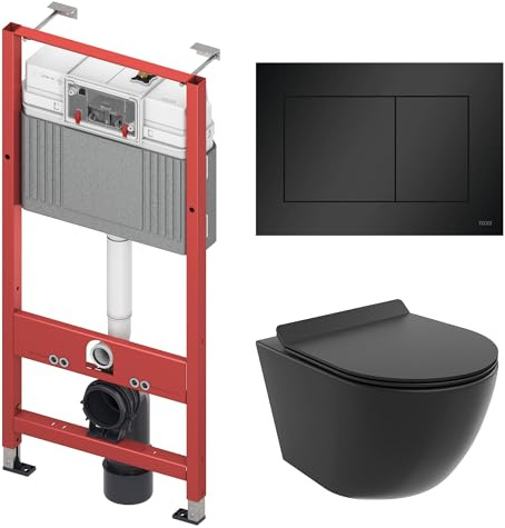 BADLAND WC-Vorwandelement Set TECEbase mit Wand-WC Rolo Schwarz, Schallschutzmatte & Betätigungsplatte Schwarz – Komplettset für Trockenbau & Vorwandinstallation