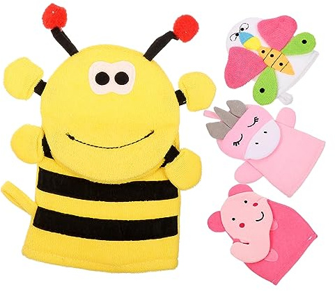 FUNNETOYU Zufälliger Stil aus Baumwollmischung Kinder Badehandschuhe 4 Stück-pack mit Einzigartigem Cartoon Design Sanft zur Haut für Dusche und Bad