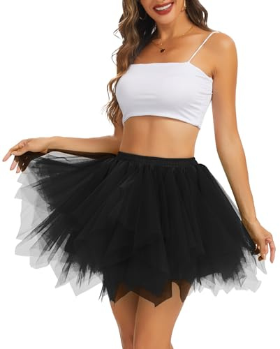 Wikoan Dam tyllkjol underkjol kort balett tutu klassisk 50-tals underkjol rockabilly veckad kjol A-linje minikjol för karneval kostym halloween dans party cosplay, svart, S-M