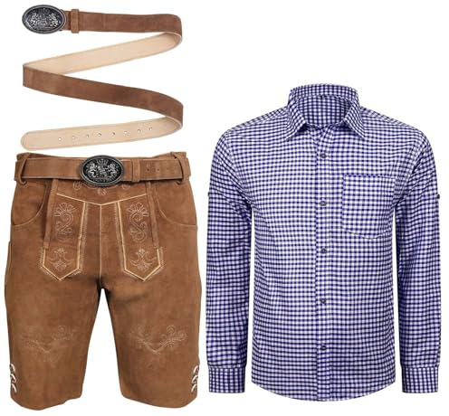 ALL THE GOOD Traditionell herr-set, läderbyxor med bälte + traditionell skjorta, bayersk oktoberfest, kostymläderbyxor, MGKHBR01, Skjorta blå/vit rutig, Hose 48 Hemd L
