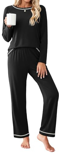 Ekouaer Women's Pajama Sets Long Sleeve 2 Piece Lounge Sets Black XL