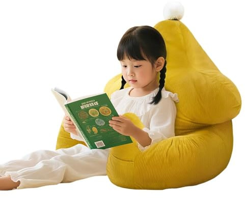 Kinder Lesekissen für Bett und Sofa, Gelb Cord Rückenkissen mit Armlehnen und Taschen, Tragbares Bettkissen Rückenlehne Kissen, Rückenstützkissen mit Abnehmbaren und Waschbaren Bezug, 53x38x58 cm