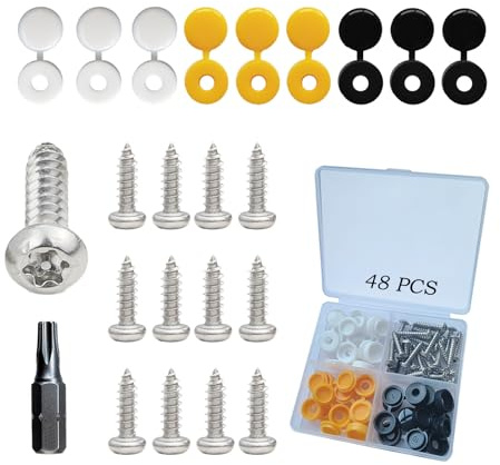48 Pcs Security Number Plate Screws, M4 Anti Theft Number Plate Screws and Caps, number plate fixing kit, Includes Black, White and Yellow Plastic Hinge Caps and screwdriver bit
