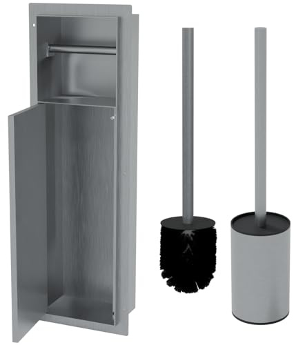HAGO24 | WC Modul | Edelstahl gebürstet | Unterputz | Einbauschrank | Wandnische | 200x600mm | Toilettenpapierhalter | Bürstenhalter | Push-to-Open | befliesbare Tür | Stauraum