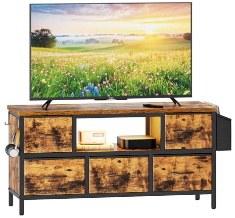 Dripex TV Schrank Lowboard für Fernseher bis zu 43 Zoll mit 5 Schubladen, Aufbewahrungstasche und offenen Regalen mit RGB LED Beleuchtung, Industrial Style, 100 x 35 x 50CM
