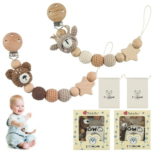 Schnullerclip, Schnullerclips aus Holz, Schnullerklammern mit Aufbewahrungstasche, einteiliges Design, Schnullerkette für Jungen Mädchen, geeignet für Neugeborene, Kinderwagen