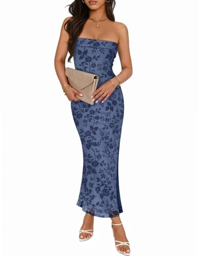 MEROKEETY Women's 2026 Summer Wedding Guest Cocktail Party Dresses Floral Strapless Bodycon Tube Slit Mesh Maxi Dress, Dustyblue, Medium