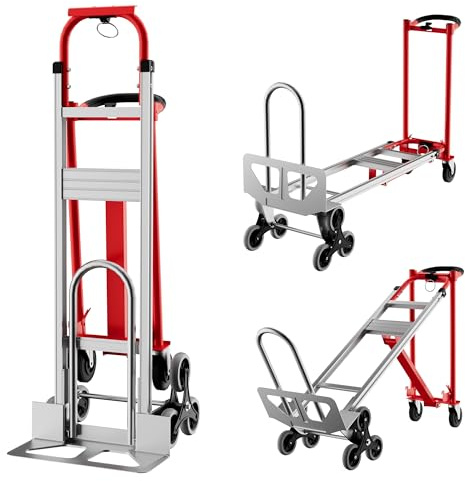 3-in-1 Treppensackkarre Sackkarre Klappbar Mit Treppensteiger-Rädern & Elastischem Spanngurt, Tragkraft 350 kg, Faltbarer Transportkarre Aus Aluminium Für Zuhause Lager Supermarkt Büro, Rot