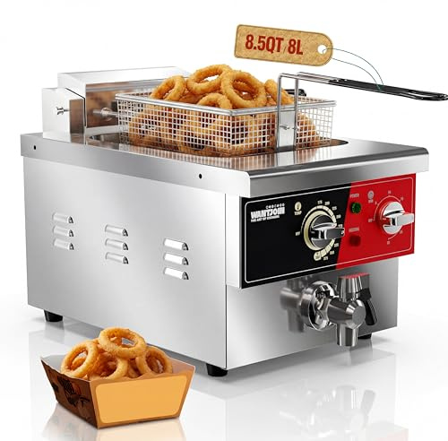 WantJoin Commercial Deep Fryer with Basket - 8.45Qt/8L Electric Deep Fryer, 1800W 120V Stainless Steel Oil Fryer with Swing-up and Hold Head and Drain Valve, 175–390°F for Restaurant Kitchen Use