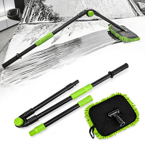 XINYUDAILY Spazzola per lavaggio auto con manico, bloccabile a 180°, lunghezza regolabile (114/147 cm), testa girevole a 120°, rivestimento in ciniglia rimovibile, per spazzola per lavaggio auto, SUV
