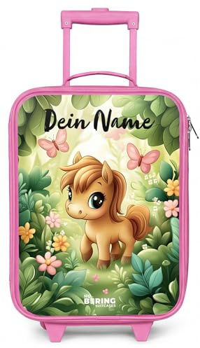 NoBoringSuitcases© Kinderkoffer Rosa Klein Personalisiert mit Name | 48x31x19 cm - Reisekoffer Kleine Kinder Koffer Luggage mit LED Rollen Suitcase Hartschalenkoffer Pferd - Blumen