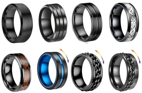XSDSLS 8 Pcs Bague Hommes Acier Inoxydable Bague Noir Tournante Chaîne Rock Bague Noir Homme Promise Bande Anneau Taille (8)