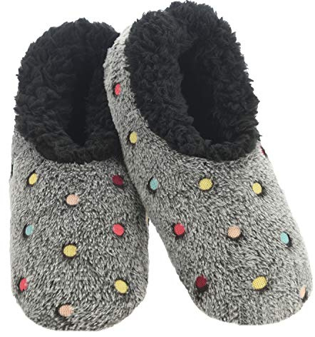Snoozies Women's Lotsa Dots Slipper Socks, Black, Medium - Cozy Sherpa Fleece Slipper for Women